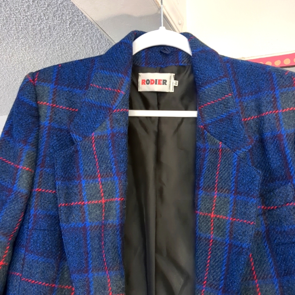 🎄❤️ Vintage Rodier Paris ❤️ Wool Blazer BEAUTIFUL Blue Plaid Size 12 L 44